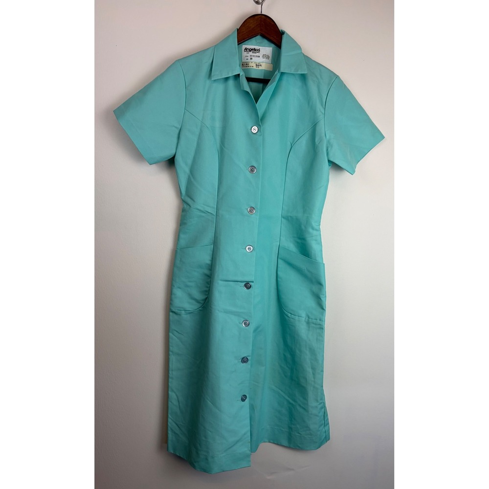 Vintage Angelica Uniform Nurse Dress 36 Aqua Blue Button Front Costume Scrubs